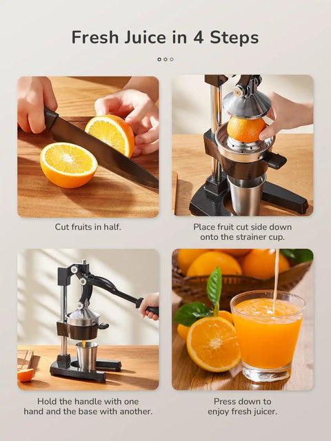 Heavy Duty Cast Iron Manual Citrus Juicer Press shown in four steps for effortless juice extraction from oranges.