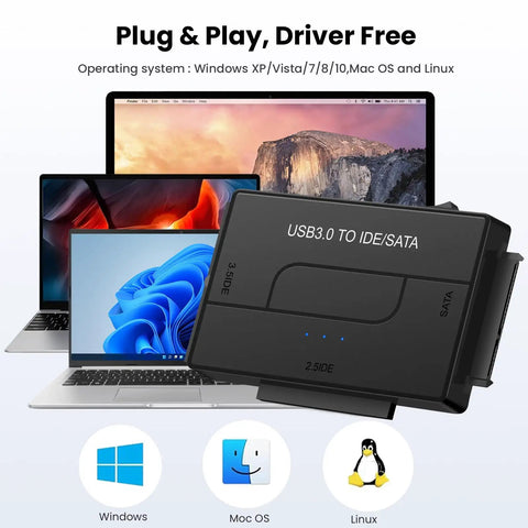 Three In One Universal SATA IDE To USB Drive Reader For 2.5 And 3.5 HDD SSD And DVD CD Optical Drives With Fast 5Gbps Data Transfer Grab And Go Backup And Recovery For Old Legacy Drives, black USB3.0 adapter on laptops