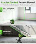 HUEPAR laser level with LCD screen and self-leveling mode; green cross-line beams across a room.
