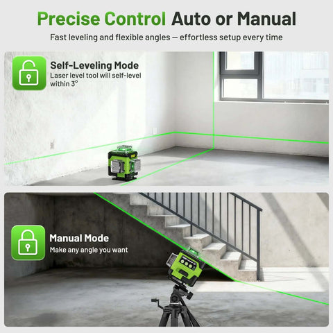 HUEPAR laser level with LCD screen and self-leveling mode; green cross-line beams across a room.