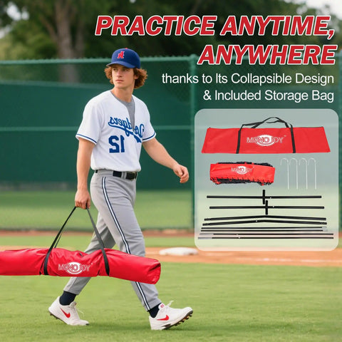 Man carrying Portable 7x7 Baseball Net For Batting And Pitching, Oversized Hitting Net With Carry Bag, Durable Backyard Practice Net