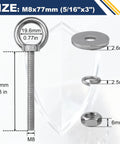 Eight Pack M8 Eye Bolts With Nuts And Washers For Heavy Duty Lifting And Tie Downs Five Sixteenth Inch Diameter Three Inch Long Stainless Steel Construction Includes Spring Washers. M8 eye bolt with washer and nut, 3-inch stainless steel, size labeled