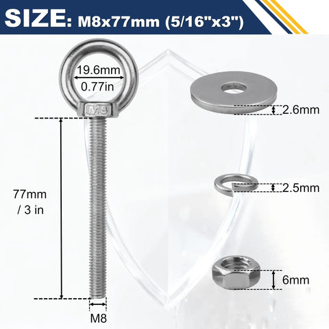 Eight Pack M8 Eye Bolts With Nuts And Washers For Heavy Duty Lifting And Tie Downs Five Sixteenth Inch Diameter Three Inch Long Stainless Steel Construction Includes Spring Washers. M8 eye bolt with washer and nut, 3-inch stainless steel, size labeled