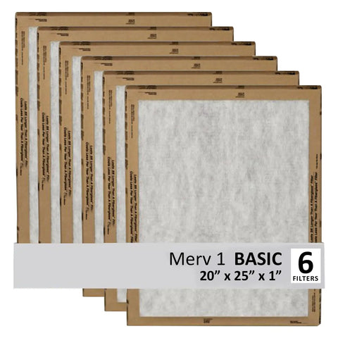 6-pack of 20x25x1 Air Filter Replacement For HVAC AC Furnace 3M MERV 1 with dimensions 19.69x24.69x0.88 inches