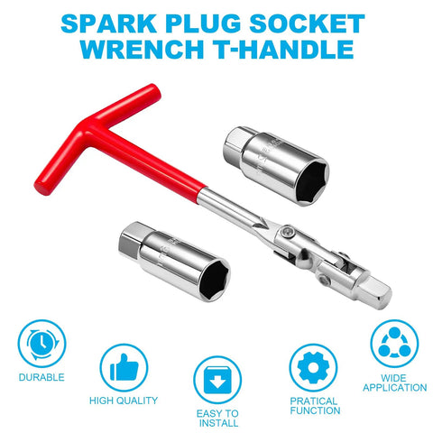 Three Piece Spark Plug Socket Wrench Set With T Handle Five Eighths Inch And Thirteen Sixteenths Inch Sockets Foldable 270 Degree Handle Universal Removal And Installation Tool For Motorcycles Lawn Mowers Cars And Small Engines
