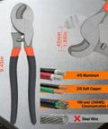 Heavy Duty 10 Inch Cable Cutters Featuring High Leverage Grip For Snipping 4/0 Aluminum And 2/0 Soft Copper Plus 100 Pair Com Cables on gray surface.