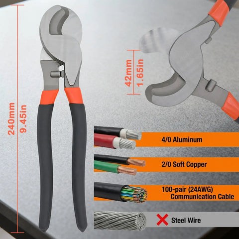 Heavy Duty 10 Inch Cable Cutters Featuring High Leverage Grip For Snipping 4/0 Aluminum And 2/0 Soft Copper Plus 100 Pair Com Cables on gray surface.