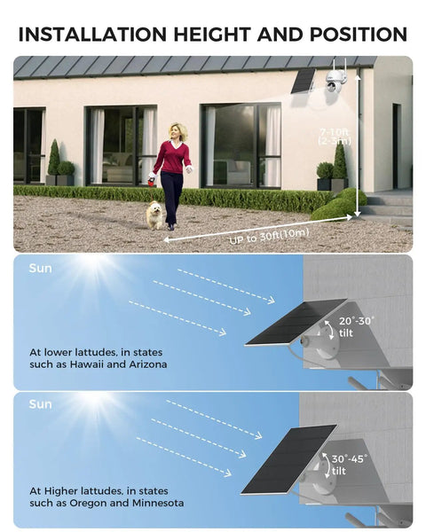 Wire-Free Solar Powered Outdoor Security Camera System, 4MP 4 Cam Kit, installation guidelines showing height and tilt angles
