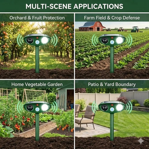 Solar Ultrasonic Deer Repellent Device With Motion Sensor Deterrent For Your Yard Protect Plants From Deer Rabbits Squirrels And Other Wildlife For Easy Install And Weather Resistant Outdoor Use in orchard, farm, garden, and patio