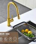 Top Shelf Brushed Gold Kitchen Faucet With Drip Free Pull Down Sprayer And Included Deck Plate Heavy Duty Solid Brass Valve Low Lead Stainless Steel Build No Sweat Install For Modern Homes above a sink with fresh produce.