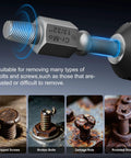 Heavy Duty Cr Mo Steel Screw Extractor Set Featuring Hex And Socket Adapters Tough 15 Piece Gear showing extractor on rusted bolt.