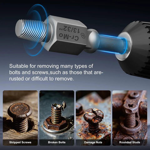 Heavy Duty Cr Mo Steel Screw Extractor Set Featuring Hex And Socket Adapters Tough 15 Piece Gear showing extractor on rusted bolt.