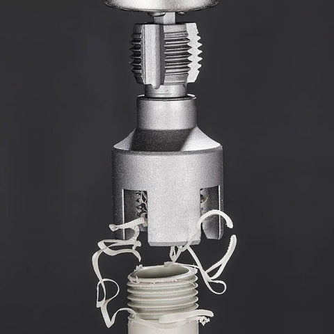 2pc Threader Set For PVC Pipes 1/2 And 3/4 Inch Opener With Electric Drill High Hardness Alloy Pipe threading tool in use.