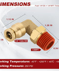 Brass 90-degree push-to-connect elbow, 1/4 in. NPT with 1/4 in. tube OD, DOT approved for air brake lines.