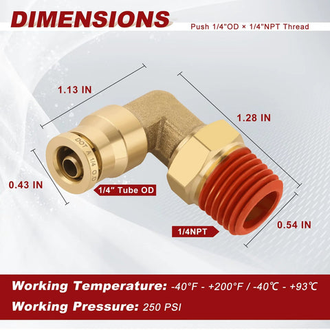 Brass 90-degree push-to-connect elbow, 1/4 in. NPT with 1/4 in. tube OD, DOT approved for air brake lines.
