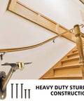 Rock Solid Handrail Stair Brackets For Staircases Heavy Duty Zinc Alloy Railing Supports With Screws Antique Brass Finish Easy Peasy Install Indoor Outdoor Pack Of Four, showing bracket and screws on a wooden staircase.