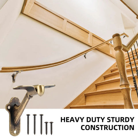 Rock Solid Handrail Stair Brackets For Staircases Heavy Duty Zinc Alloy Railing Supports With Screws Antique Brass Finish Easy Peasy Install Indoor Outdoor Pack Of Four, showing bracket and screws on a wooden staircase.
