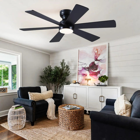 46 Inch Low Profile Ceiling Fan With Light And Remote Control, Black Modern Flush Mount Design, in a cozy living room