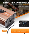 2000 Watt Pure Sine Wave Power Inverter with 16.5ft wired remote control LCD display for easy monitoring and operation.