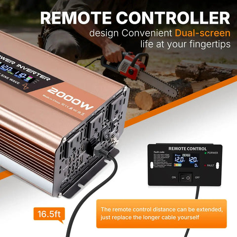 2000 Watt Pure Sine Wave Power Inverter with 16.5ft wired remote control LCD display for easy monitoring and operation.