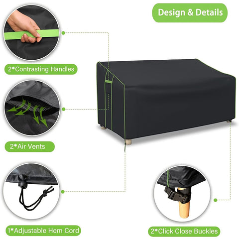 Outdoor Two Seater Patio Loveseat Cover 201x110x64cm Weatherproof with handles, air vents, hem cord, and buckles detail