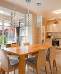 Crystal Flush Mount Ceiling Light, 1 Light, Bulb Included, Silver Chrome Finish, Modern Living Room Fixture For Dining Room, Kitchen Island, Hallway And Entryway, Dope Modern Vibe hanging in a modern kitchen above a wooden dining table.