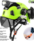 Top Shelf Ventilated Hard Hat With Dual Layer Visor Bluetooth Earmuffs And Led Headlamp Ansi Certified Construction Safety Gear Built Heavy Duty For Forestry And Industrial Grind No Sweat close-up of green hard hat with high-impact shell, visor, and adjustable chin strap.