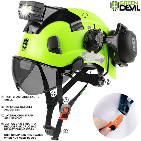 Top Shelf Ventilated Hard Hat With Dual Layer Visor Bluetooth Earmuffs And Led Headlamp Ansi Certified Construction Safety Gear Built Heavy Duty For Forestry And Industrial Grind No Sweat close-up of green hard hat with high-impact shell, visor, and adjustable chin strap.