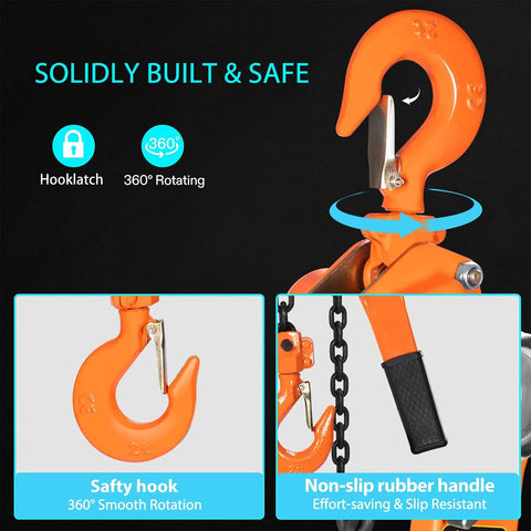 Lever Chain Hoist 3/4 Ton 1650 Lbs Capacity 10 Feet With 2 Heavy Duty Hooks Durable Alloy Steel Construction Safety Hook