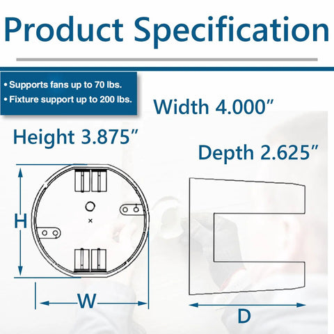 4 Inch Round Ceiling Fan Box Plastic Cable Box With 12 Cu In Capacity And 2-5/8 Inch Depth, Saddle Type Design shown in diagram