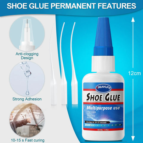 Heavy Duty Shoe Repair Glue For Boots, Sneakers, Heels And Sandals, 30g, Tough As Nails Adhesive, bottle with applicator tips