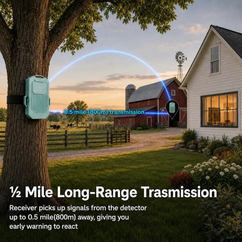 Wireless Radar Motion Detector Sensor Add On Accessory No Receiver Requires Main Radar System For Expanded Outdoor Security Coverage Of Driveways Homes And Campsites IP65 Waterproof Rechargeable Low Key Hidden Design mounted on tree near farmhouse