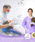 Dentist wearing mask with patient in chair, woman in purple knee-length lab coat, knit cuffs, clipboard, clinic setting.