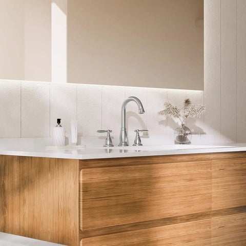Sleek Chrome Widespread 8 Inch 3-Hole 2-Handle Bathroom Faucet With Valve And Metal Pop-Up Drain Assembly Lead-Free Easy Install