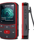 Front and side view of 64GB Clip MP3 Player With Bluetooth Five Point Three For Running Voice Recorder FM Radio AB Repeat Shuffle And Resume Playback Micro SD Expansion To 128GB Red Portable Design Built For Daily Use And All Day Battery Life