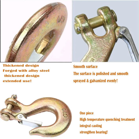 Badass Rock Solid Four Pack Of 5/16 Inch G70 Clevis Slip Chain Hook With Latch Forged Steel Heavy Duty Trailer Towing Gear Built Tough To Haul Weight Without Any Fuss On The Road showing thickened steel design and smooth latch.