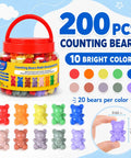 200 Pieces Counting Bears Set With Totally Awesome Color Sorting Toys For Preschool Kids Ages 3 Plus in a jar with 10 vibrant colors.