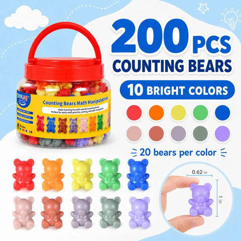 200 Pieces Counting Bears Set With Totally Awesome Color Sorting Toys For Preschool Kids Ages 3 Plus in a jar with 10 vibrant colors.