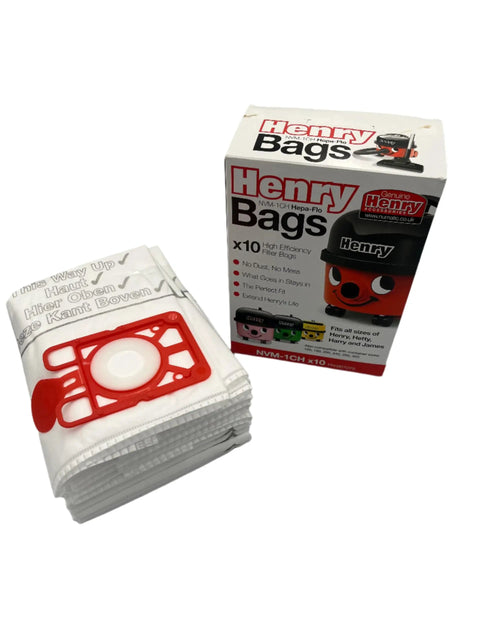 NVM-1CH HepaFlo Dust Bags for Henry and James Vacuum Cleaners Pack of 10 with box and stacked bags