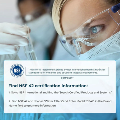 Scientist examining Compatible PUR Water Filter Replacement Cartridges NSF 42 certification details