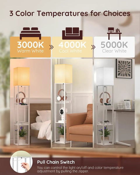 Solid Wood Shelf Floor Lamp With 2 Charging Ports And 1 Power Outlet, Sturdy Beech Wood Shelves, 3000K, 4000K, 5000K options