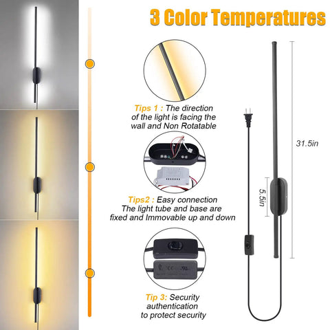 Set Of Two Black Matte Plug In Wall Sconces With Cord Switch LED Linear Wall Lights Sleek Slim Design Dimmable Three Color Temperature Indoor Outdoor Use Modern Home Lighting For Living Room Hallway