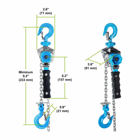 Quarter Ton Lever Chain Hoist Heavy Duty Pro Grade Ratchet Puller With Five Foot Lift And Pull Length dimensions shown
