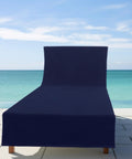 Two Pack Navy Blue Pool Lounge Chair Covers With Waffle Weave Cotton Terry Towels displayed at the beach.