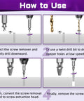 Instructional guide on using 9 Piece Damaged Screw Extractor Set With HSS 6542 For Stripped Screws, showing screw removal steps.