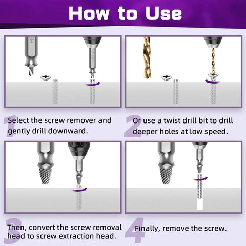 Instructional guide on using 9 Piece Damaged Screw Extractor Set With HSS 6542 For Stripped Screws, showing screw removal steps.