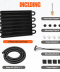 Components of Eight Pass Aluminum Transmission Oil Cooler Kit with 5/16 inch hose, clips, clamps, and adapter.