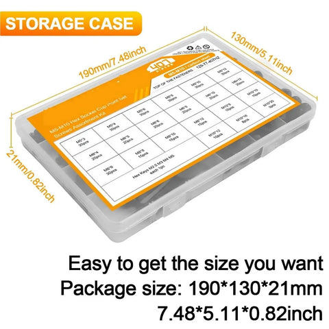 Storage case with size details for 407 Piece Hex Socket Cup Point Set Screw Kit With Partitioned Case Pro Grade Carbon Steel 12.9 M5 M6 M8 M10.