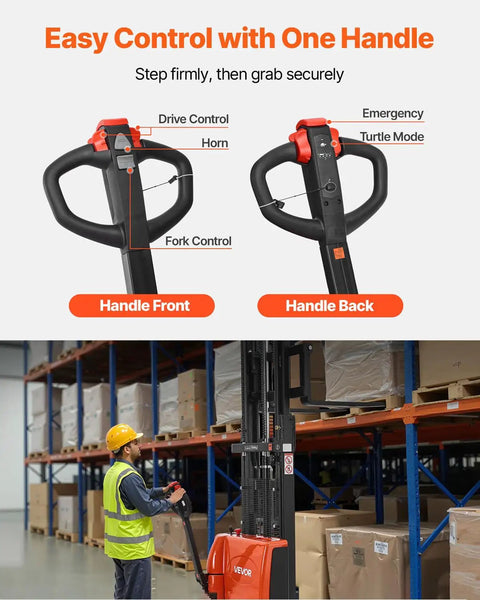 VEVOR Full Electric Pallet Stacker With 3300 Lb Load Capacity And 130 In Max Lifting Height, handle controls and ergonomic design in use.