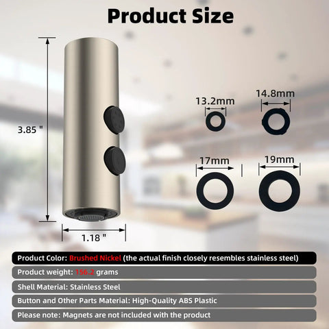 Heavy Duty Stainless Steel Kitchen Faucet Head Replacement Built For No Sweat Upgrades with dimensions and brushed nickel finish.